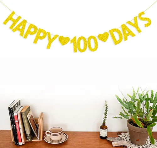 Vista 4 de Morndew Cartel de feliz 100 días con purpurina dorada para baby shower, fiesta de cumpleaños, suministros de decoración