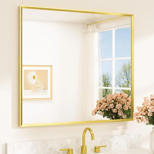 Vista 60 de TETOTE Espejo de baño dorado cepillado de 20" x 30", espejo de tocador de baño rectangular de latón dorado cepillado con marco biselado para sobre