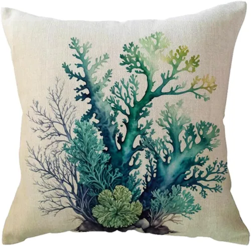 Vista 8 de ULOVE LOVE YOURSELF Funda de almohada de acuarela coral con diseño de planta de follaje de árbol de mar, océano náutico, playa, casa, fundas