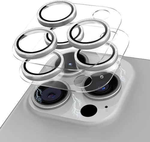 Vista 15 de Protector de lente de cámara con purpurina para iPhone 15 Pro/iPhone 15 Pro Max, acrílico transparente más anillo de aleación de aluminio 9H