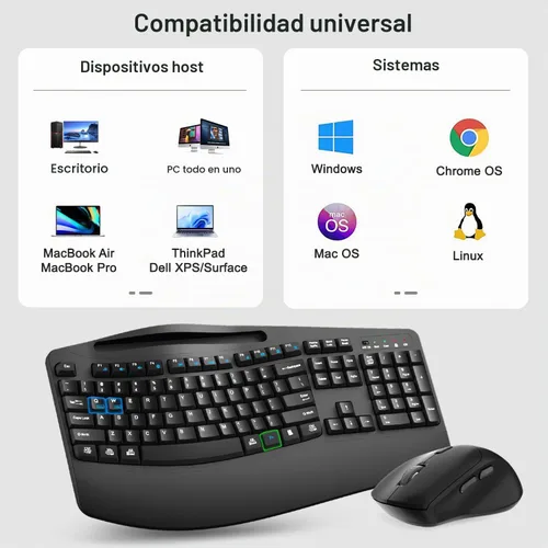 Vista 8 de Combo de teclado y mouse inalámbricos, teclas onduladas de tamaño completo 2.4G, teclado ergonómico con reposamuñecas, soporte para teléfono, mouse