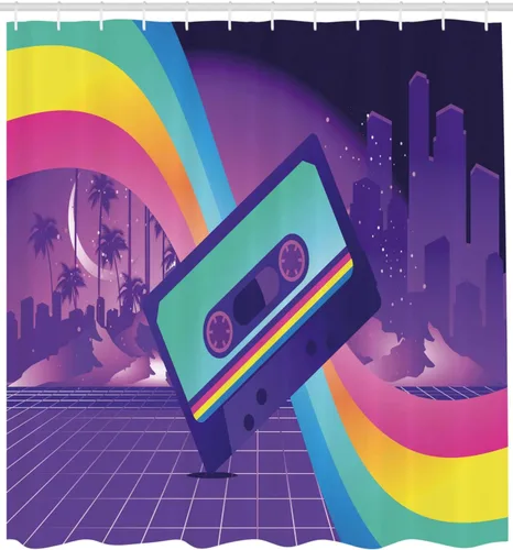 Vista 2 de Ambesonne Synthwave Shower Curtain, Old Cassette Tape and Rainbow Rays Over a Southern City with Palms, Cloth Fabric Bathroom Decor Set with Hooks