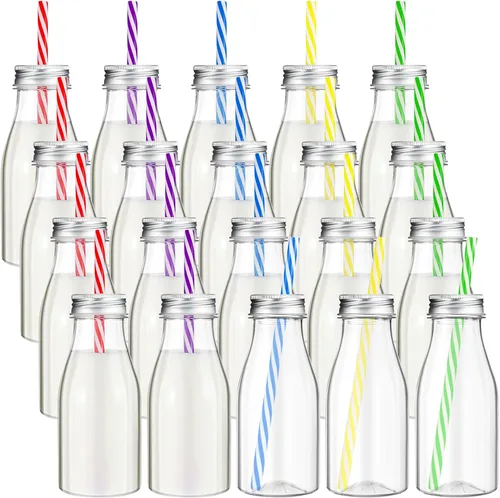 Vista 10 de Yinkin - Juego de 20 botellas de leche de plástico con tapas para pajitas multicolor/fantasía (Pastel Color)
