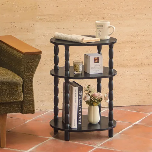 Vista 8 de MaxSmeo Mesa auxiliar negra, mesa auxiliar ovalada pequeña de 3 niveles, mesita de noche moderna, mesa decorativa de madera para sala de estar, Negro