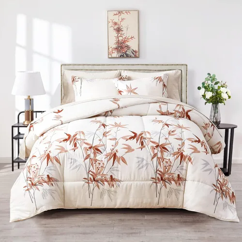 Vista 11 de Juego de edredón de 7 piezas tamaño Queen, diseño floral beige, de microfibra suave, para todas las estaciones