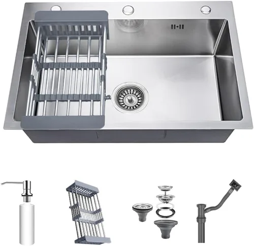 Vista 8 de Fregadero de cocina de montaje superior con caída de 3 agujeros, fregadero de un solo cuenco de acero inoxidable con escurridor y dispensador