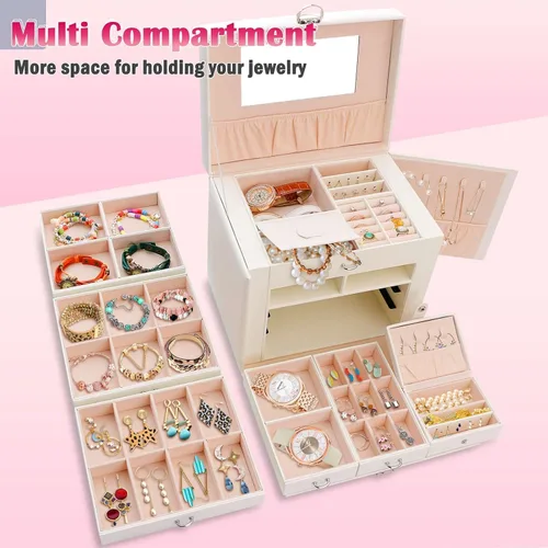 Vista 4 de NORSENS Organizador de 5 capas de joyería caja de almacenamiento de joyas de cuero grande con cajones y cerradura de espejo estuche de joyería