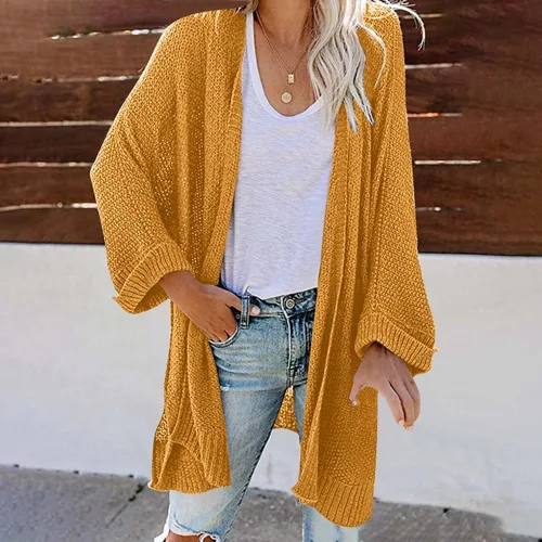 Vista 2 de Cárdigan de punto de color sólido de longitud media para mujer, suéter casual de manga larga, suelto, moderno blusa de gasa con frente abierto