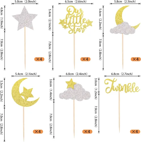 Vista 2 de Paquete de 24 adornos para cupcakes con purpurina de luna, nube, estrellas, estrellas, baby shower, niños, cumpleaños, boda, fiesta, decoración