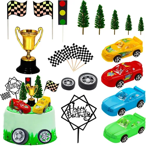 Vista 11 de MEMOVAN Decoración para tarta de camiones, decoración de tarta de camión para niños, coche de carreras para tarta de cumpleaños, decoración