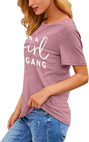 Vista 2 de MOUSYA Camiseta de manga corta con texto en inglés "I Run A Girl Gang" para mujer, camiseta casual de verano para mamá