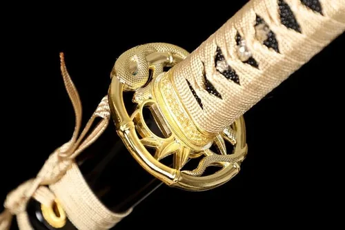 Vista 2 de Katana dorada hecha a mano, espada samurái japonesa 1095 de arcilla de acero templada, hoja de afeitar de espiga completa, afilada, regalos para él
