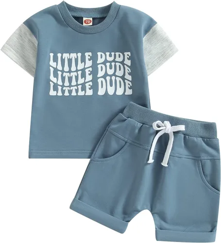 Vista 102 de Conjunto de traje de verano para bebé niño pequeño, manga corta, cuello redondo, letras impresas, lindo traje de verano, conjunto de 2 piezas