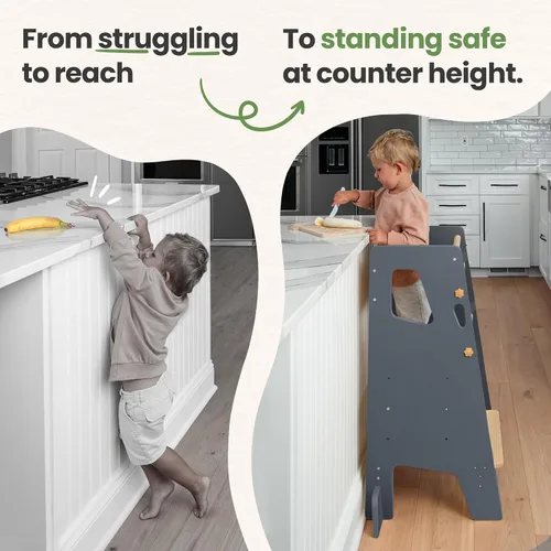 Vista 5 de Toddler Standing Tower with 3 Safety Bars - Kitchen Stool Helper - Gray 1 - Gris