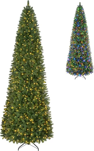 Vista 15 de GOFLAME Árbol de Navidad Artificial Preiluminado de 6 Pies, Árbol de Navidad Delgado con Cobertura de Nieve y Forma de Lápiz con Luces LED
