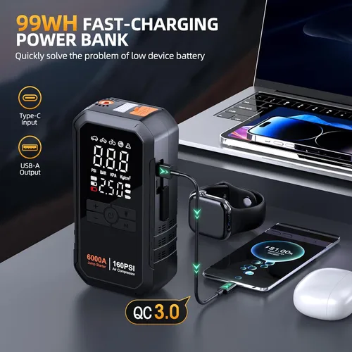 Vista 5 de Iniciador de 10 en 1 con compresor de aire 6000A 26800mAh 160PSI Iniciador de batería de coche portátil (todo gas/12L diésel), caja de arranque