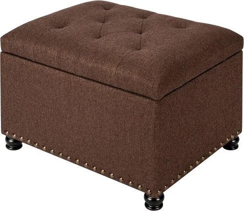 Vista 13 de Otomana tapizada de almacenamiento con tapa con bisagras, otomana de piel sintética de 23.6 pulgadas para sala de estar y dormitorio, color marrón