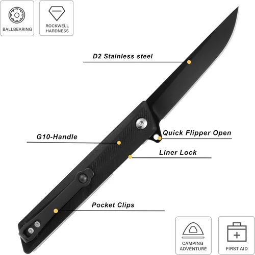 Vista 3 de ohmonlyhoo Cuchillo de bolsillo, cuchillo plegable de 3.5 pulgadas con mango G10 y hoja D2, cuchillo EDC con funda de nylon para hombres y mujeres