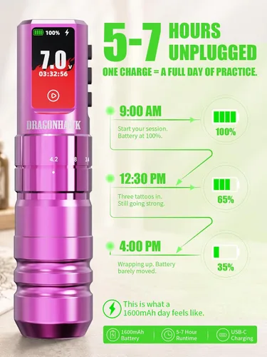 Vista 3 de Dragonhawk Kit de tatuaje inalámbrico A3 Pro, máquina de bolígrafo de 7 Rojo rosa