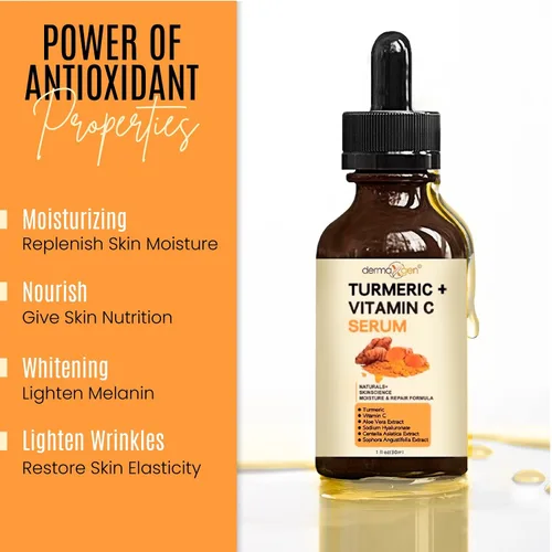 Vista 4 de Suero facial de cúrcuma + vitamina C, tratamiento orgánico para el acné, tono de piel claro, hidrata la piel opaca y seca, suero facial