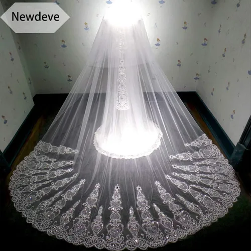 Vista 2 de Newdeve - Velos de boda con diamantes de imitación, 2 niveles, color marfil, catedral, con peine