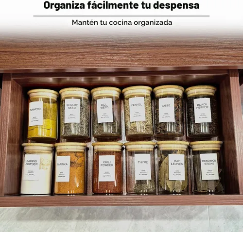 Vista 5 de 12 tarros de vidrio para especias con tapas herméticas de bambú y 201 etiquetas, recipientes pequeños de almacenamiento de alimentos vacíos de 8