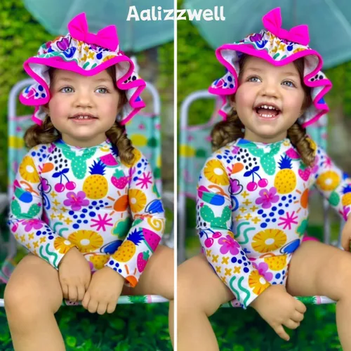 Vista 64 de Aalizzwell Traje de baño de una pieza de manga larga con sombrero para bebé niña