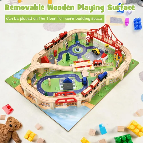 Vista 7 de HONEY JOY Mesa de tren, mesa de actividades de madera para niños con cajón de almacenamiento, 100 piezas multicolores, pistas, trenes, autos, juego