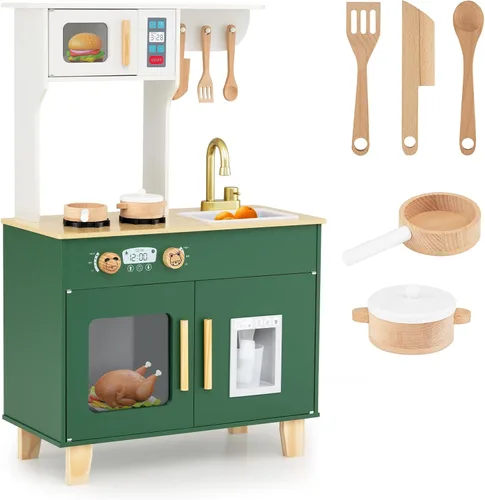 Vista 9 de Costzon Cocina de juego para niños, juego de cocina Little Chef con microondas, estufas, pomos de rotación, dispensador de hielo, grifo, fregadero