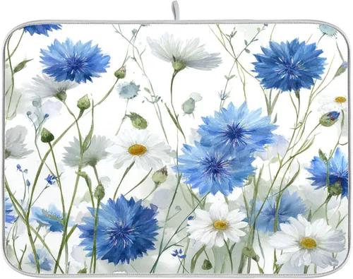 Vista 52 de Tapete de secado de platos de primavera naranja con flor de amapola para encimera de cocina, tapete escurridor absorbente de microfibra, tapete