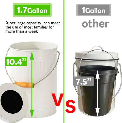 Vista 2 de Cubo de compost de cocina de 1.7 galones, contenedor de compost para encimera interior con tapa, cubo de compost 100% a prueba de óxido con filtros