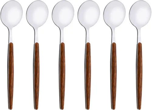 Vista 10 de Juego de cubiertos de acero inoxidable con mango de efecto de madera Cubiertos pulidos con espejo plateado, utensilios de cocina para el hogar