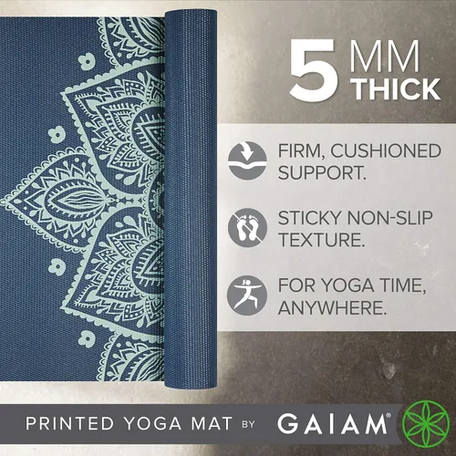 Vista 2 de Gaiam - Esterilla de yoga premium de 5mm con estampado, gruesa y antideslizante para todo tipo de yoga, pilates y entrenamientos en el suelo