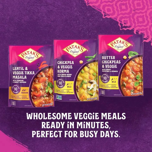 Vista 5 de Patak's Garbanzos con Mantequilla y Vegetales, 10.05 Oz (Paquete de 1) Curry Suave con Garbanzos, Espinaca, Zanahorias, Comidas Vegetarianas Listas