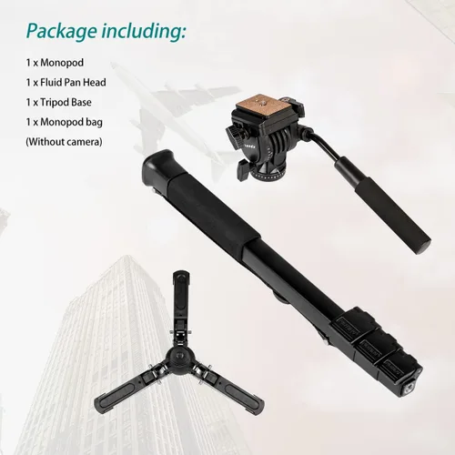 Vista 7 de Monopod extensible de aluminio para cámara con cabezal fluido y base de trípode plegable para cámara DSLR. Altura máxima de 58 pulgadas. Carga útil