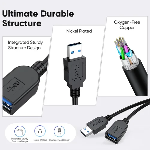 Vista 9 de Paquete de 2 cables de extensión USB 3.0, cable extensor USB 3.0 de transferencia de datos de 5 Gbps y carga rápida de 18 W, cables tipo A macho a