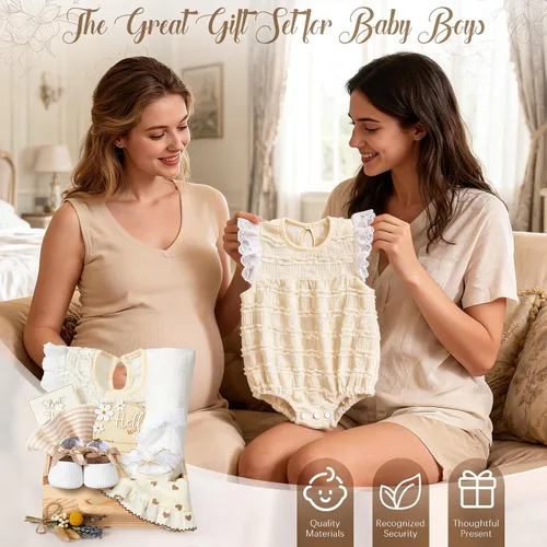Vista 7 de Golray Cesta de regalo de madera para bebés, niñas recién nacidas, juego de tela con mameluco/zapatos suaves/calcetines/manta/babero/diadema/hito