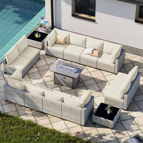 Vista 100 de Juego de sofá modular de mimbre de polietileno para exteriores Gris