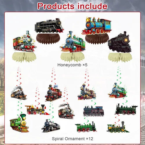 Vista 2 de Decoraciones retro para fiesta de tren de vapor, suministros de decoración de fiesta de cumpleaños, incluye pancarta de feliz cumpleaños, remolinos