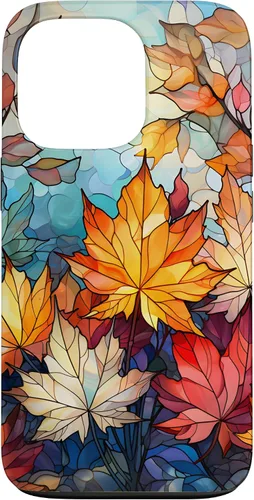 Vista 9 de iPhone 15 Otoño hojas de arce vitrales estilo abstracto caso