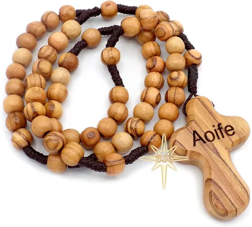 Vista 3 de Rosario personalizado de madera de olivo de Belén, nombre propio, regalos para niños, confirmación, primera comunión, bautismo para niños y niñas.