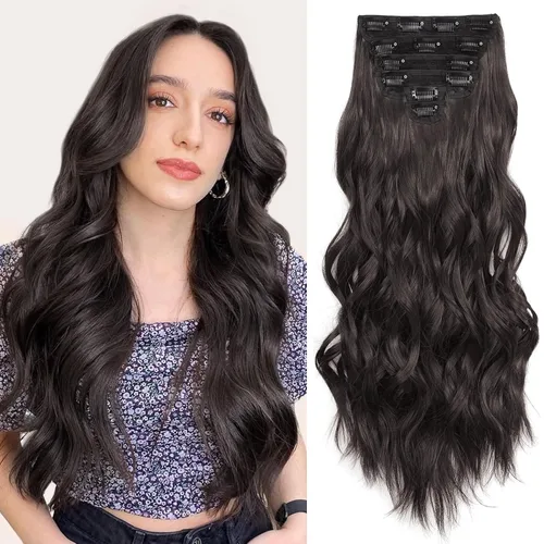 Vista 30 de Fliace Extensiones de cabello con clip para mujer, extensiones de cabello ondulado largo de color marrón medio, extensiones de cabello sintético