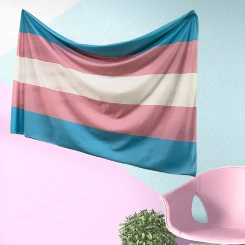 Vista 2 de Bandera trans para pared Tapiz de orgullo transgénero Grande 40 x 60 pulgadas