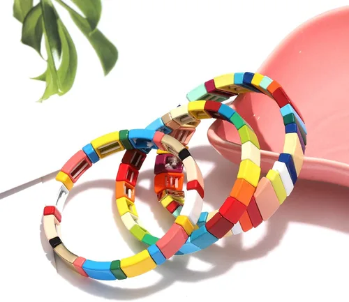 Vista 2 de Juego de pulseras de azulejos esmaltados para mujer, diseño de bloques de color arcoíris, pulsera elástica esmaltada colorida, pulsera elástica