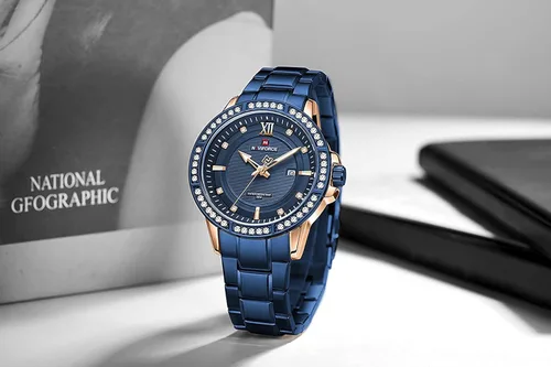 Vista 5 de NAVIFORCE diamante acero inoxidable analógico cuarzo relojes para hombres impermeable reloj calendario clásico reloj luminoso