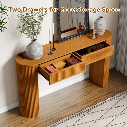 Vista 13 de Mesa consola acanalada de 55 pulgadas con 2 cajones y luces LED, mesas de entrada con estación de carga, mesa de sofá estrecha detrás del sofá, mesa