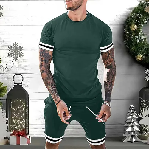 Vista 2 de Conjunto de pantalones cortos para hombre, a la moda, a rayas, de 2 piezas, para verano, casual, traje deportivo, camiseta y pantalón corto