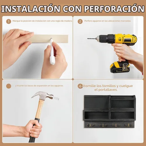 Vista 7 de Soporte de pared para llaves, correo de madera y organizador de llaves con pizarra y espejo, 3 tarjetas de felicitación, 8 ganchos, color negro