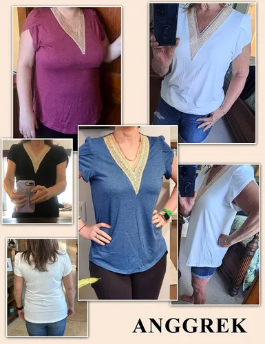 Vista 4 de Blusa holgada de manga larga abombada con cuello en V y encaje para mujer