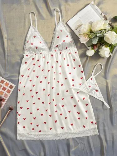 Vista 5 de OYOANGLE Conjunto de 2 piezas de satén con estampado de corazón de malla transparente para mujer, brasier y bragas con aros